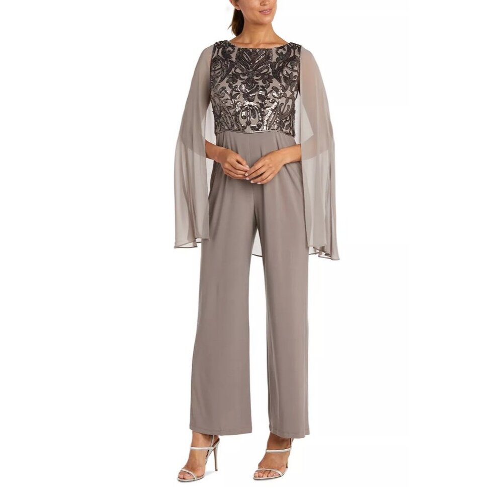 R & M RICHARDS Sequin Cape Jumpsuit Mocha Size 12